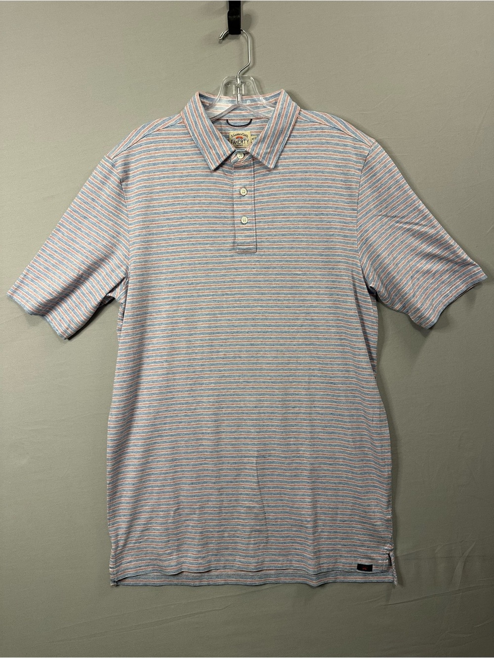 Faherty Men's Medium Tall Striped Polo - Light Blue & Pink